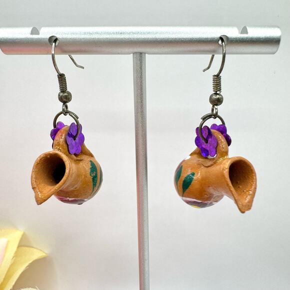 Handmade Hand Painted Clay Pot Dangle Earrings Folk Art Whimsical Floral Sequins - Picture 4 of 9